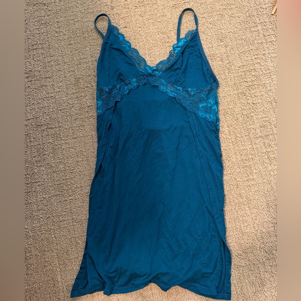 teal slip dress with lace detailing